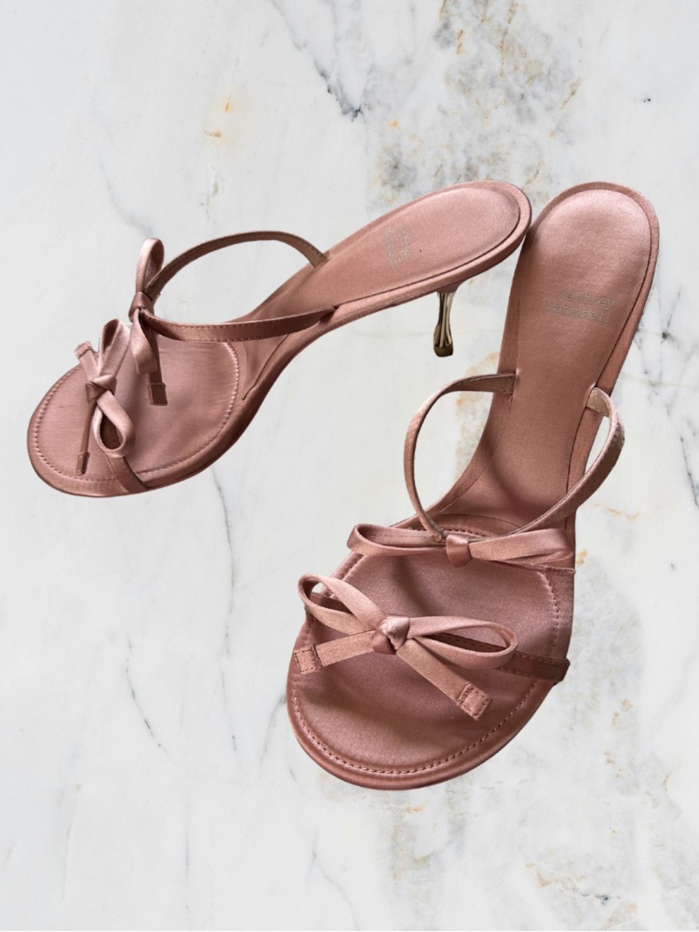 Jeffrey Campbell Satin Bow Strap Heels in Rose Gold/Muted Pink